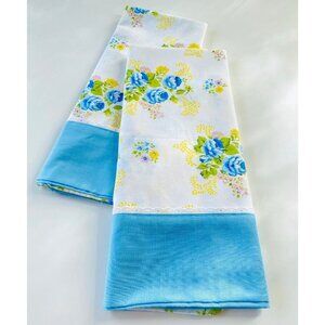 Vintage 70s pillowcases set, pair of blue, yellow floral pillow shams